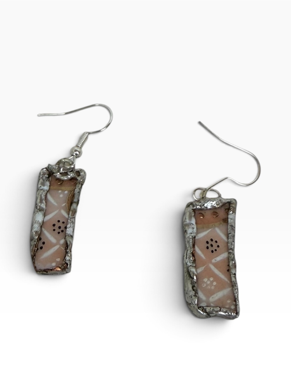 Hand Crafted Pink Patterned Glass Dangle Earrings - Silver Accents